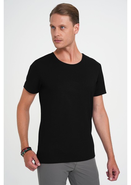 Comfort Fit Bisiklet Yaka Esnek Pamuk Düz Siyah Tişört Ts 915 fiyatları