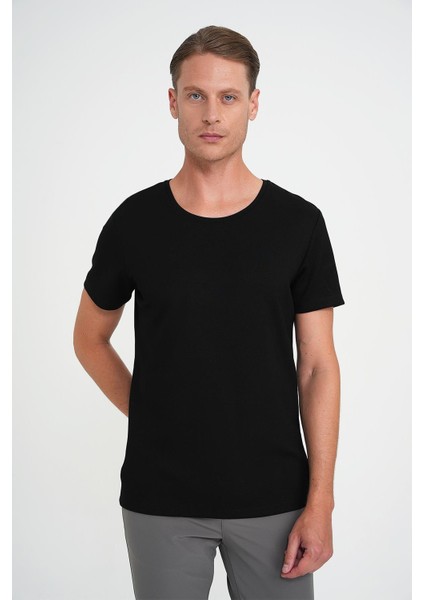 Comfort Fit Bisiklet Yaka Esnek Pamuk Düz Siyah Tişört Ts 915 modelleri