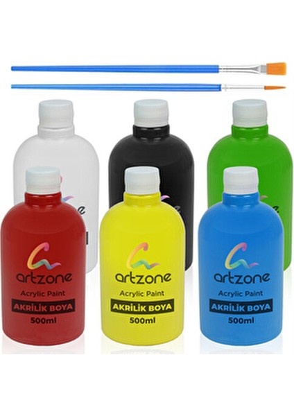 Akrilik Boya Seti - Ana Renkler 6 Renk x 500ML + Fırça Hediyeli