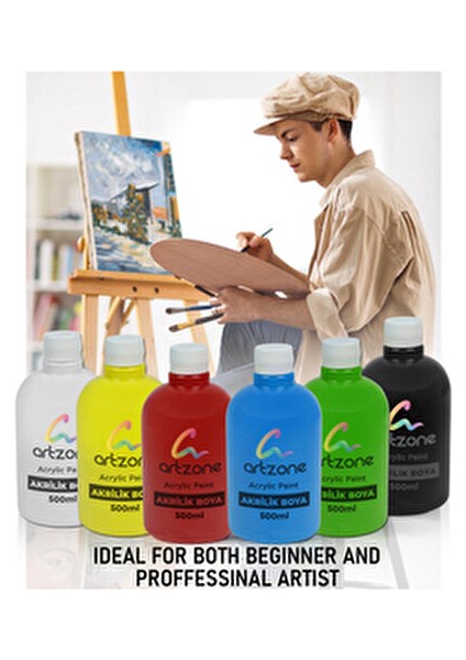 Akrilik Boya Seti - Ana Renkler 6 Renk x 500ML + Fırça Hediyeli