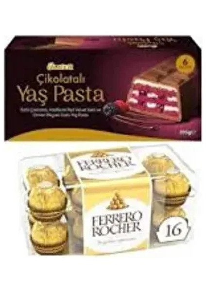 Çikolatalı Yaş Pasta 395 gr & Ferrero Rocher Fındıklı Truffle Çikolata 16'lı 200 gr (Altın Rocher