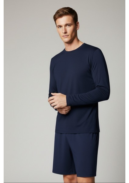 %100 Pamuk Erkek Süprem Uzun Kollu Basic T-Shirt Compact Penye Lacivert Sporcu Tişört Body fırsatları