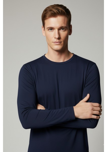 %100 Pamuk Erkek Süprem Uzun Kollu Basic T-Shirt Compact Penye Lacivert Sporcu Tişört Body modelleri