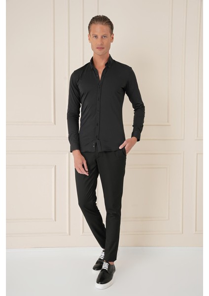 Slim Fit Düğmeli Yaka Esnek Pamuk Klasik Siyah Gömlek Gk 727