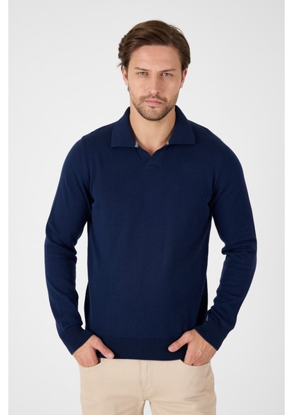 Lacivert Saf %100 Pamuk Erkek Patlı Düğmesiz Polo Yaka Triko Kazak