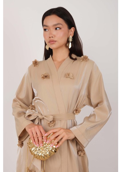 Çiçekli Aplikeli Abaya Koyu Bej fiyatları