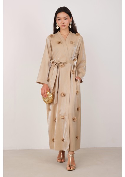 Çiçekli Aplikeli Abaya Koyu Bej modelleri