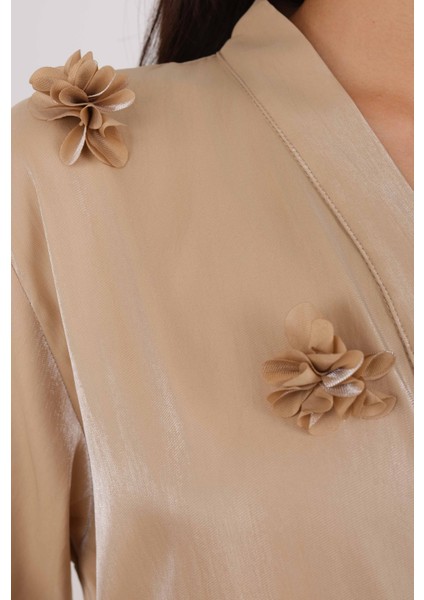 Çiçekli Aplikeli Abaya Koyu Bej fırsatları