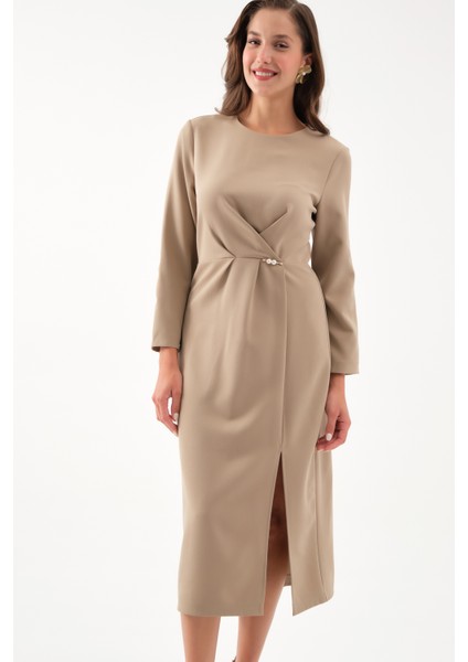 Kadın Camel Inci Detay Midi Davet Elbisesi modelleri