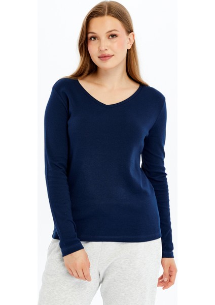 Kadın Uzun Kollu V Yaka Tişört Siyah