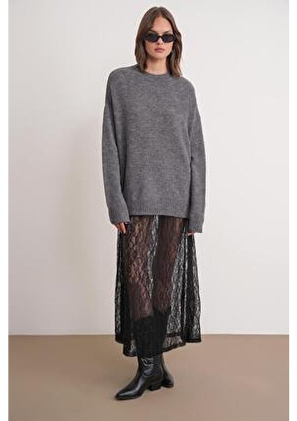 6913 Kadın Salaş Yumuşak Dokulu Oversize Triko Kazak Antrasit fiyatları