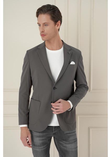 Slim Fit Torba Cep Esnek Spandex Karışımlı Düz Koyu Haki Blazer Ceket C 696 indirimleri