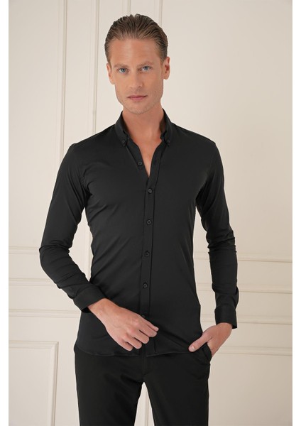 Slim Fit Düğmeli Yaka Esnek Pamuk Klasik Siyah Gömlek Gk 727 fiyatları
