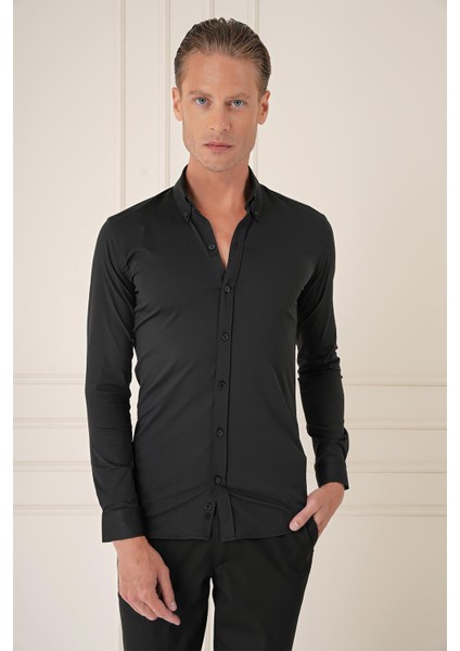 Slim Fit Düğmeli Yaka Esnek Pamuk Klasik Siyah Gömlek Gk 727 modelleri