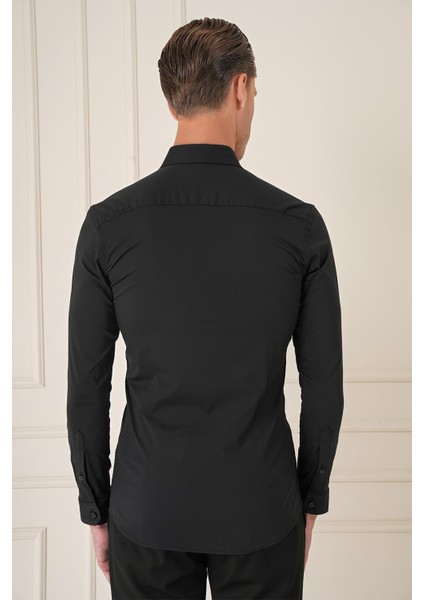 Slim Fit Düğmeli Yaka Esnek Pamuk Klasik Siyah Gömlek Gk 727 indirimleri