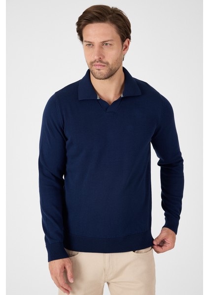 Lacivert Saf %100 Pamuk Erkek Patlı Düğmesiz Polo Yaka Triko Kazak fırsatları