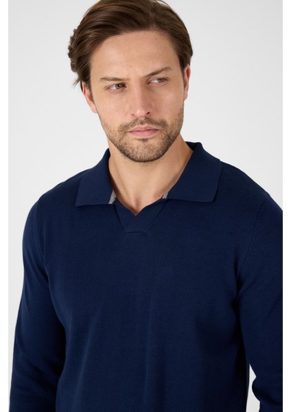 Lacivert Saf %100 Pamuk Erkek Patlı Düğmesiz Polo Yaka Triko Kazak
