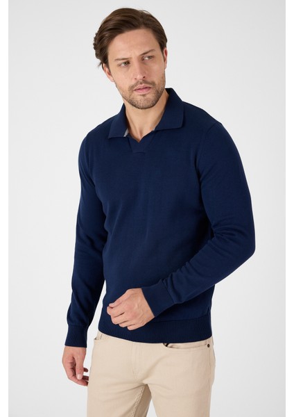 Lacivert Saf %100 Pamuk Erkek Patlı Düğmesiz Polo Yaka Triko Kazak