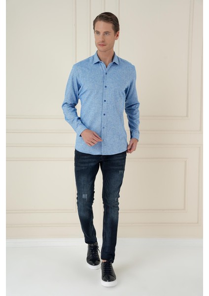 Slim Fit Dokulu %100 Pamuk Mavi Gömlek G 1584