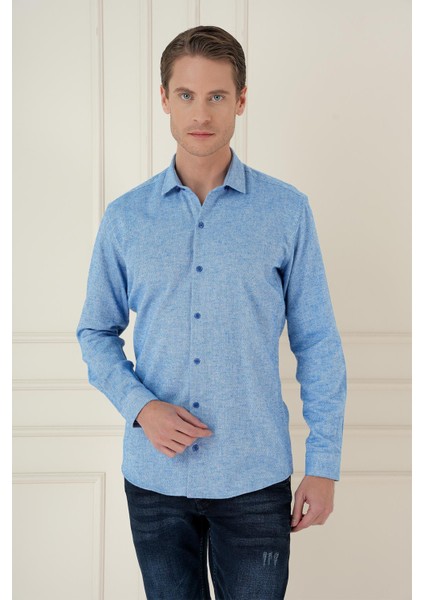 Slim Fit Dokulu %100 Pamuk Mavi Gömlek G 1584 fiyatları