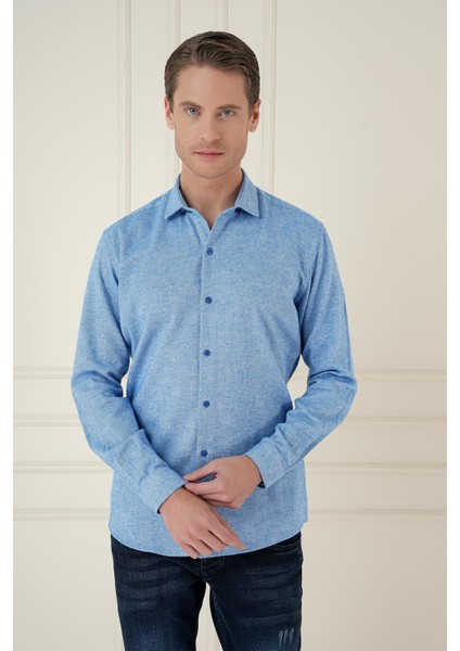 Slim Fit Dokulu %100 Pamuk Mavi Gömlek G 1584 modelleri