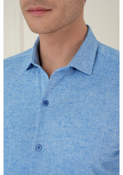 Slim Fit Dokulu %100 Pamuk Mavi Gömlek G 1584 fırsatları