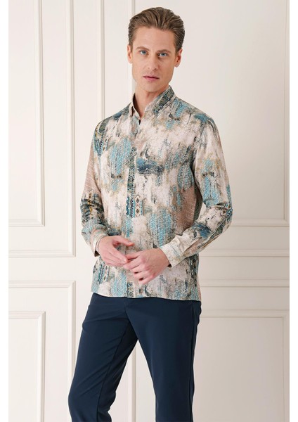 Comfort Fit Düğmeli Yaka Batik Desenli Pamuk Mint Gömlek G 1566