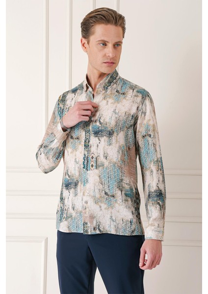 Comfort Fit Düğmeli Yaka Batik Desenli Pamuk Mint Gömlek G 1566 fiyatları