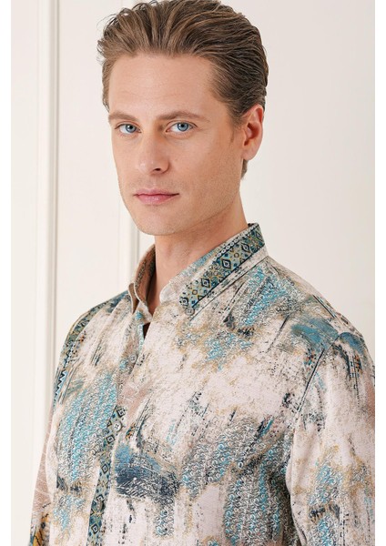 Comfort Fit Düğmeli Yaka Batik Desenli Pamuk Mint Gömlek G 1566 modelleri