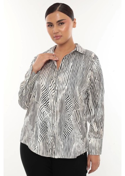 Lycra Jakarlı Saten Büyük Beden Kadın Gömlek – Şık ve Rahat Uzun Kollu Desenli Gömlek