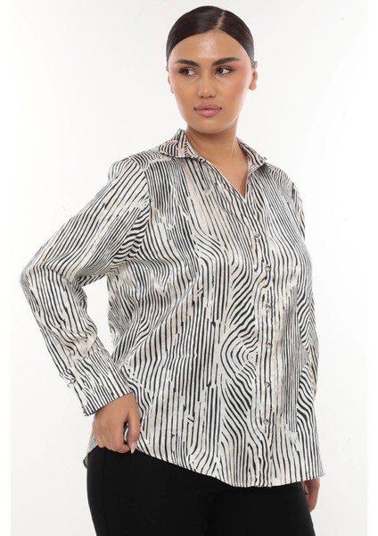 Lycra Jakarlı Saten Büyük Beden Kadın Gömlek – Şık ve Rahat Uzun Kollu Desenli Gömlek modelleri