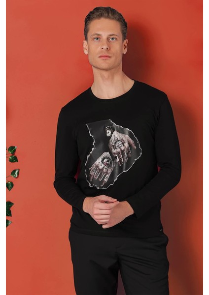 Slim Fit Baskılı Bisiklet Yaka Esnek Pamuk Siyah Tişört Ts 866