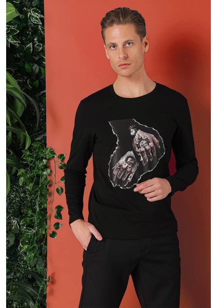 Slim Fit Baskılı Bisiklet Yaka Esnek Pamuk Siyah Tişört Ts 866 fiyatları