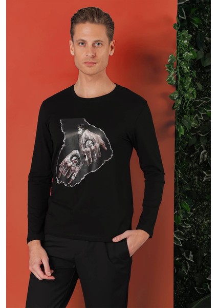 Slim Fit Baskılı Bisiklet Yaka Esnek Pamuk Siyah Tişört Ts 866 modelleri