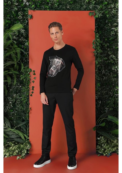Slim Fit Baskılı Bisiklet Yaka Esnek Pamuk Siyah Tişört Ts 866 fırsatları