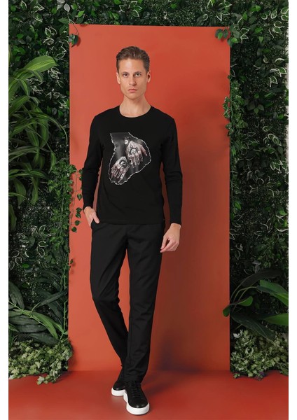 Slim Fit Baskılı Bisiklet Yaka Esnek Pamuk Siyah Tişört Ts 866 indirimleri