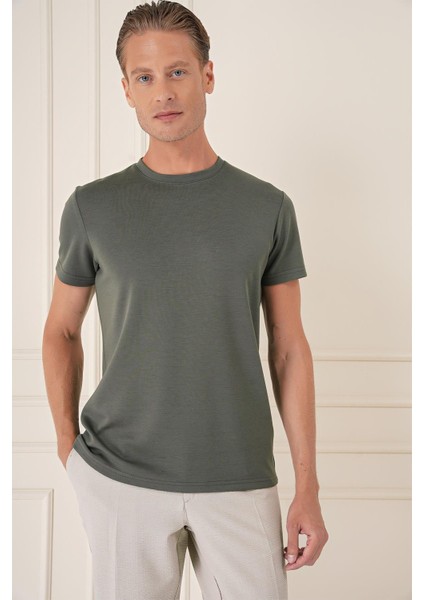 Comfort Fit Bisiklet Yaka Esnek Pamuk Casuel Haki Tişört Ts 885 modelleri