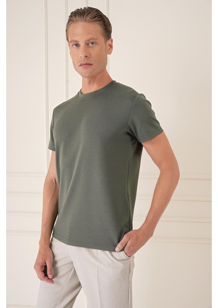 Comfort Fit Bisiklet Yaka Esnek Pamuk Casuel Haki Tişört Ts 885 fırsatları