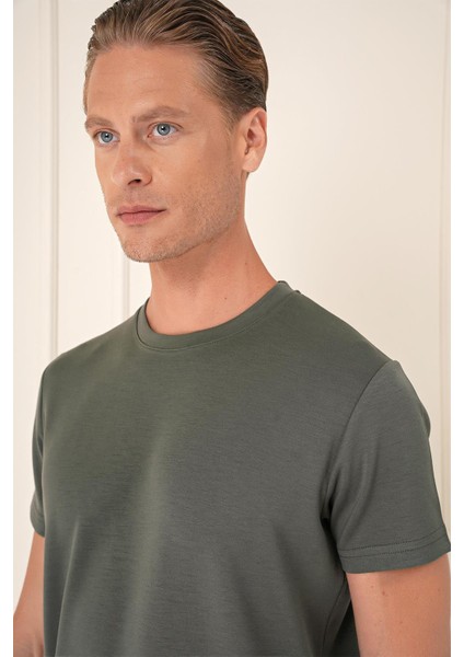 Comfort Fit Bisiklet Yaka Esnek Pamuk Casuel Haki Tişört Ts 885 indirimleri