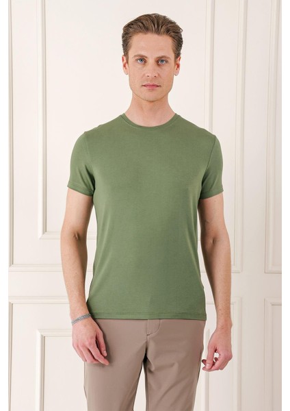 Slim Fit Bisiklet Yaka Düz Pamuklu Haki Tişört Ts 823