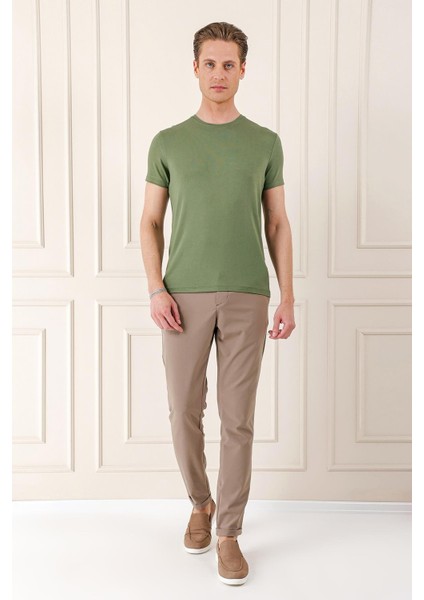 Slim Fit Bisiklet Yaka Düz Pamuklu Haki Tişört Ts 823 fiyatları