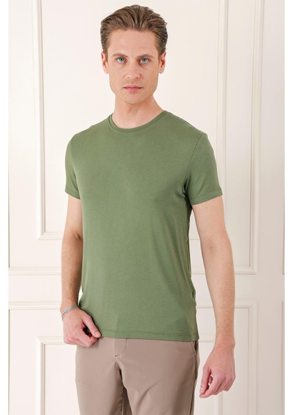 Slim Fit Bisiklet Yaka Düz Pamuklu Haki Tişört Ts 823 modelleri