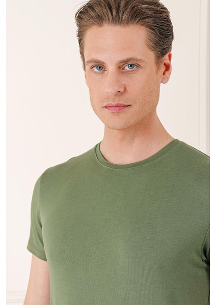 Slim Fit Bisiklet Yaka Düz Pamuklu Haki Tişört Ts 823 fırsatları