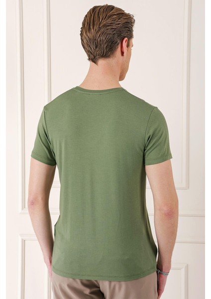 Slim Fit Bisiklet Yaka Düz Pamuklu Haki Tişört Ts 823 indirimleri