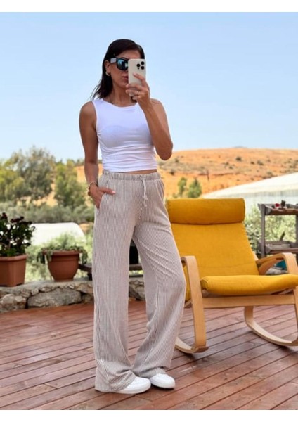 Kadın Çizgili Beli Lastikli Bağlamalı Bol Paça Pamuk Pantolon