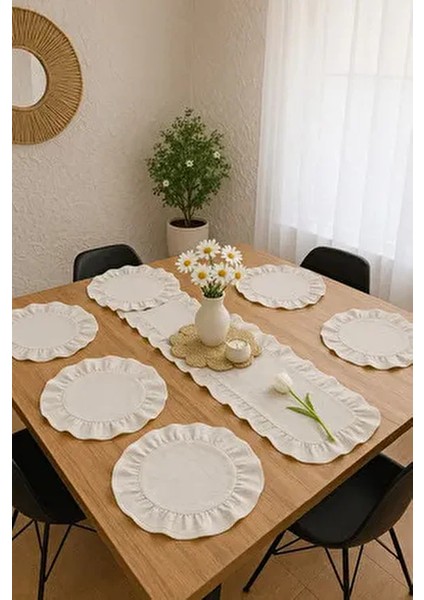 Breeze Rufle | 7 Parça Sofra Seti Fırfırli Takim 6 Adet Amerikan Servisi Supla + 1 Adet Runner