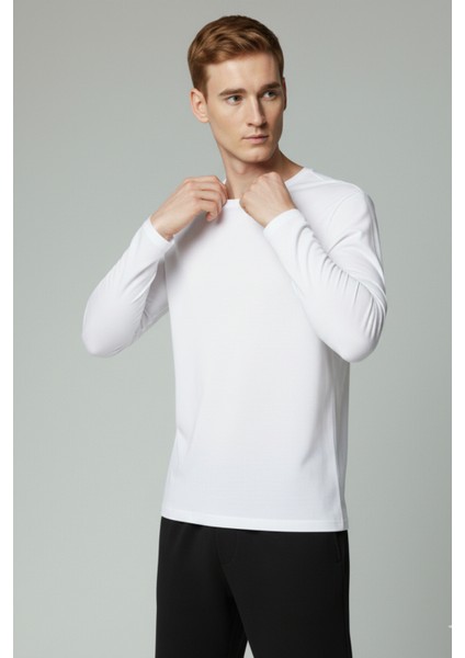 %100 Pamuk Erkek Süprem Uzun Kollu Basic T-Shirt Compact Penye Beyaz Sporcu Tişört Body