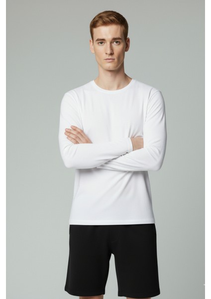 %100 Pamuk Erkek Süprem Uzun Kollu Basic T-Shirt Compact Penye Beyaz Sporcu Tişört Body fırsatları
