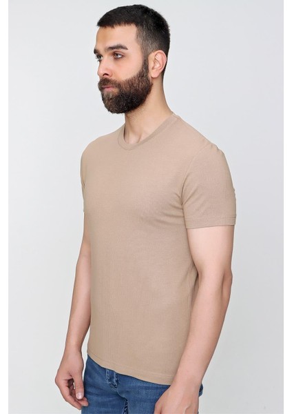 Slim Fit Bisiklet Yaka Düz Pamuklu Bej Tişört Ts 823 fiyatları