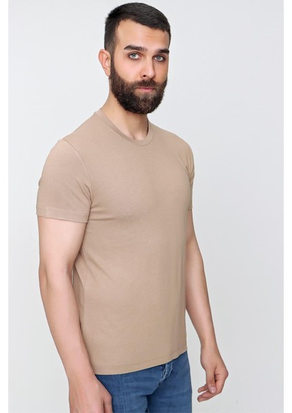 Slim Fit Bisiklet Yaka Düz Pamuklu Bej Tişört Ts 823 modelleri